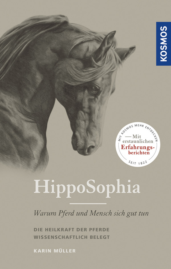 Buchcover von Karin Müller: HippoSophia - Warum Pferd und Mensch sich gut tun. Graues Covere mit Pferdekopf